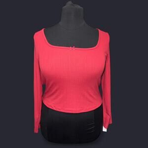 Auden Red Ribbed Long Sleeve Bow Detail Sleep Pajama Top XXL
